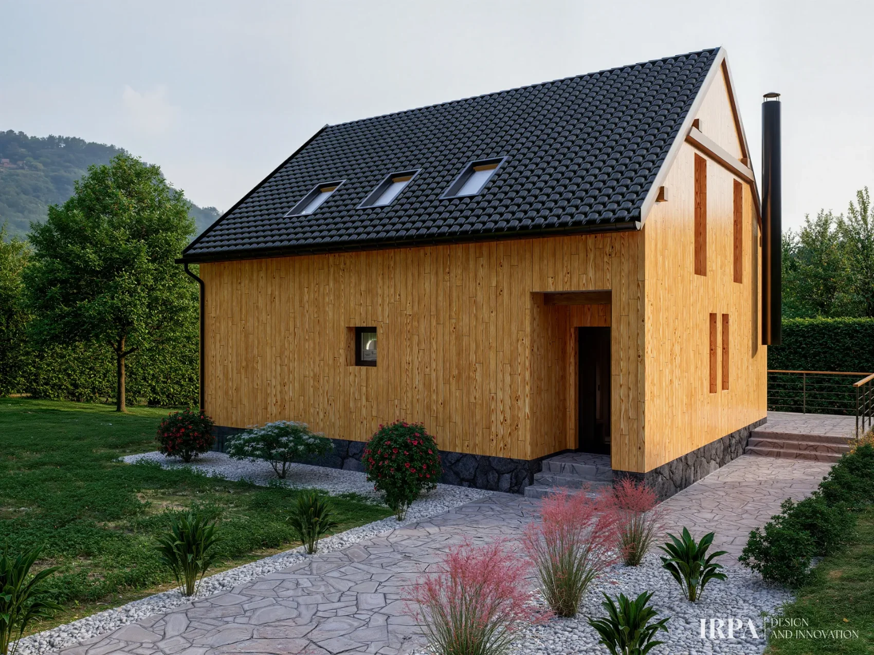 Vizualizace designové chalupy — vstupní průčelí s kamenným soklem